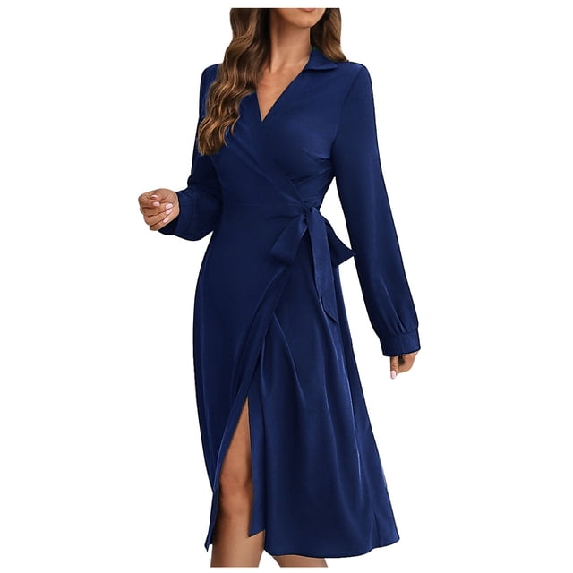 Robe à Manches Longues pour Femmes Robes Longues pour Femmes Mode Décontractée Robe Décontractée à Manches Longues Col en V Bandage Robe Longue Unie Robes en Ligne pour Femmes Robes pour Femmes Manches Longues
