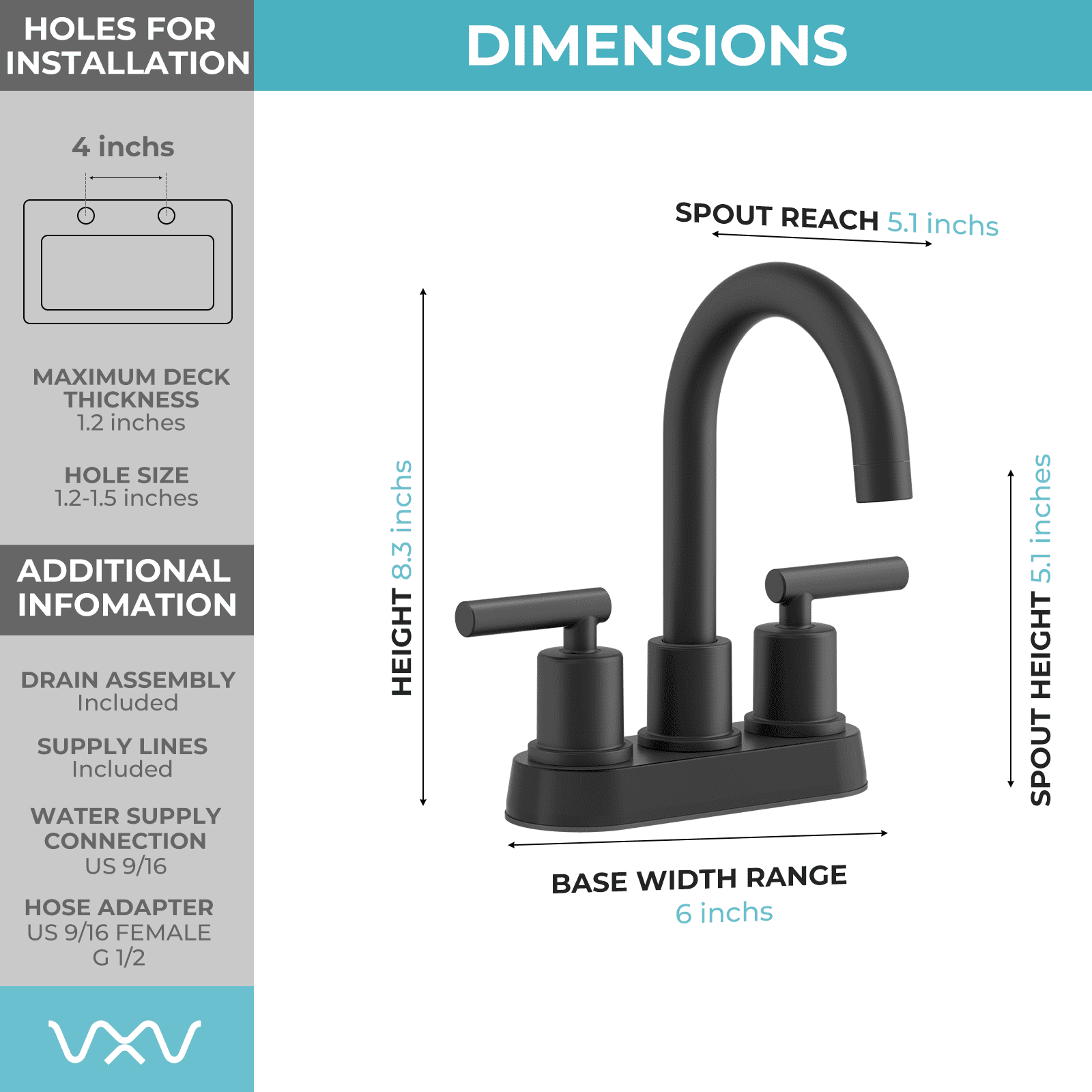 VXV Bathroom Faucet 4 Inch 2 Handle Centerset Utility Lavatory Vanity Faucet Modern 360 Rotating Black Faucet with Pop-up Drain Stopper Assembly and Supply Lines Fit 2 or 3