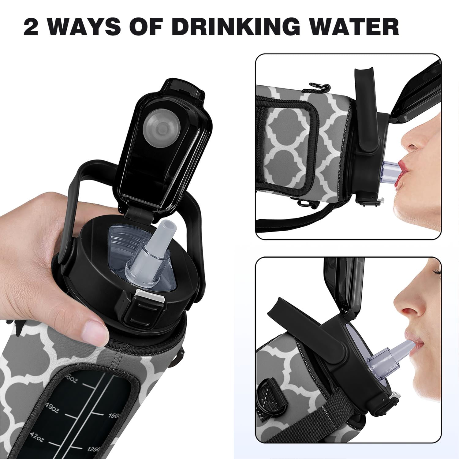 Geometric Diamond 64 Oz Half Gallon Water Bottle with Sleeve BPA Free Leakproof Sport Large Plastic Water Bottle with Straw&Time Marker & Insulated Neoprene Holder Carrier Bag Gift for Women Men