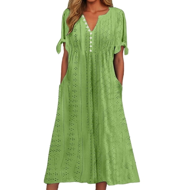 Vestido largo liso con cuello en V, encaje recortado y volantes para mujer - Poliéster spandex, diseño sexy y elegante, adecuado para fiestas/vacaciones