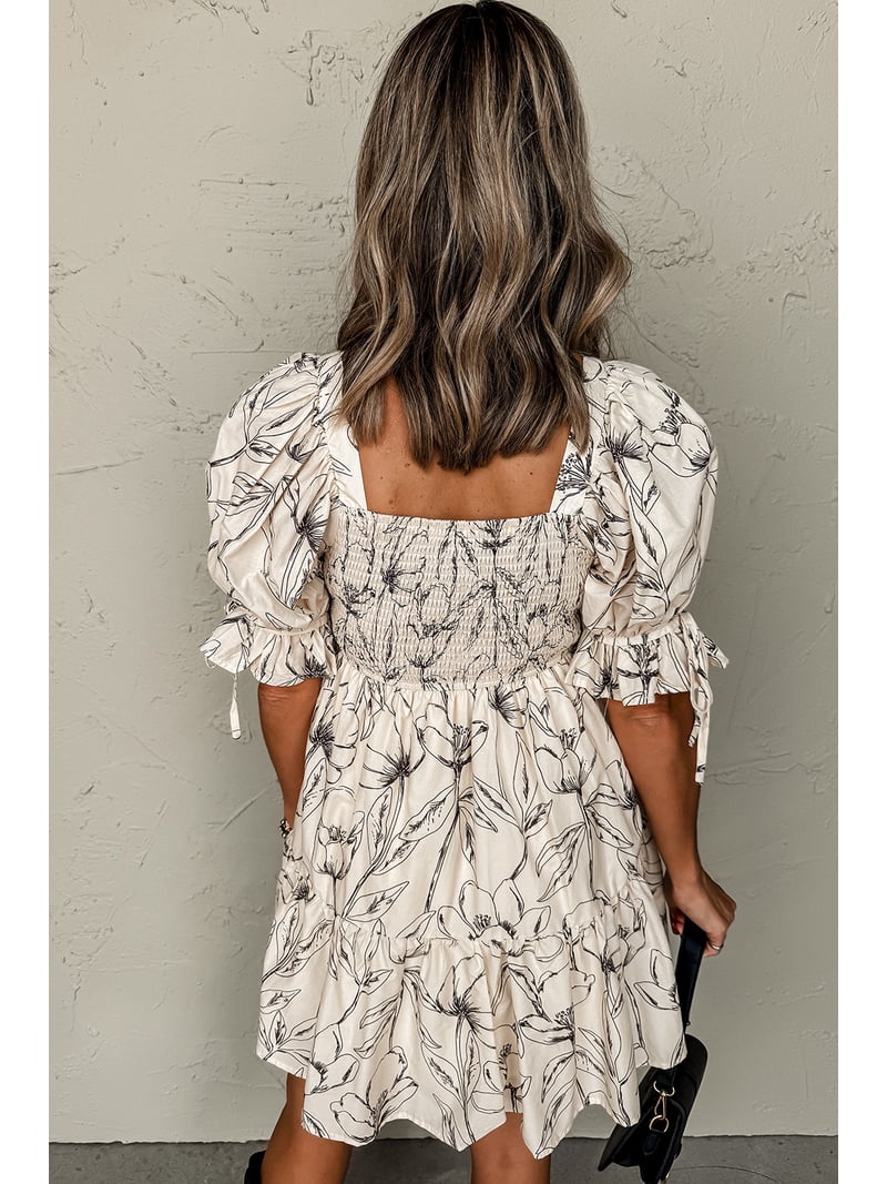 Women's Elegant Beige Floral Print Square Neck Mini Dress with Puff Sleeves | [ZhiHiMeRi]