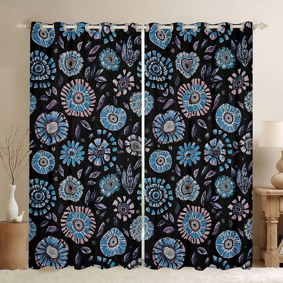 Homewish Western Tribal Floral Black Out Curtains, Black Blue Hippie Plant Curtains Pack of 2 (42x63 Each), Retro Boho Abstract Bedroom Curtains, Window Curtains Room Decor