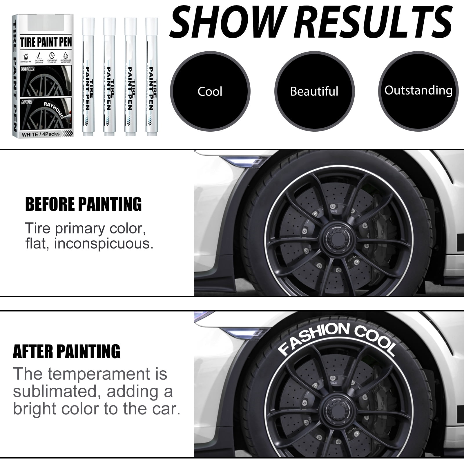 Alvantor White Tire Paint Pen, Car Tire Lettering Marker for Decorative Graffiti & Touch-Up, 4PCS