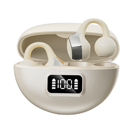 Open Ear Clip On Earbuds, Wireless Earphones with HiFi Stereo, Noise Reduction and Low Latency for Outdoor Exercise and Daily Audio, Beige