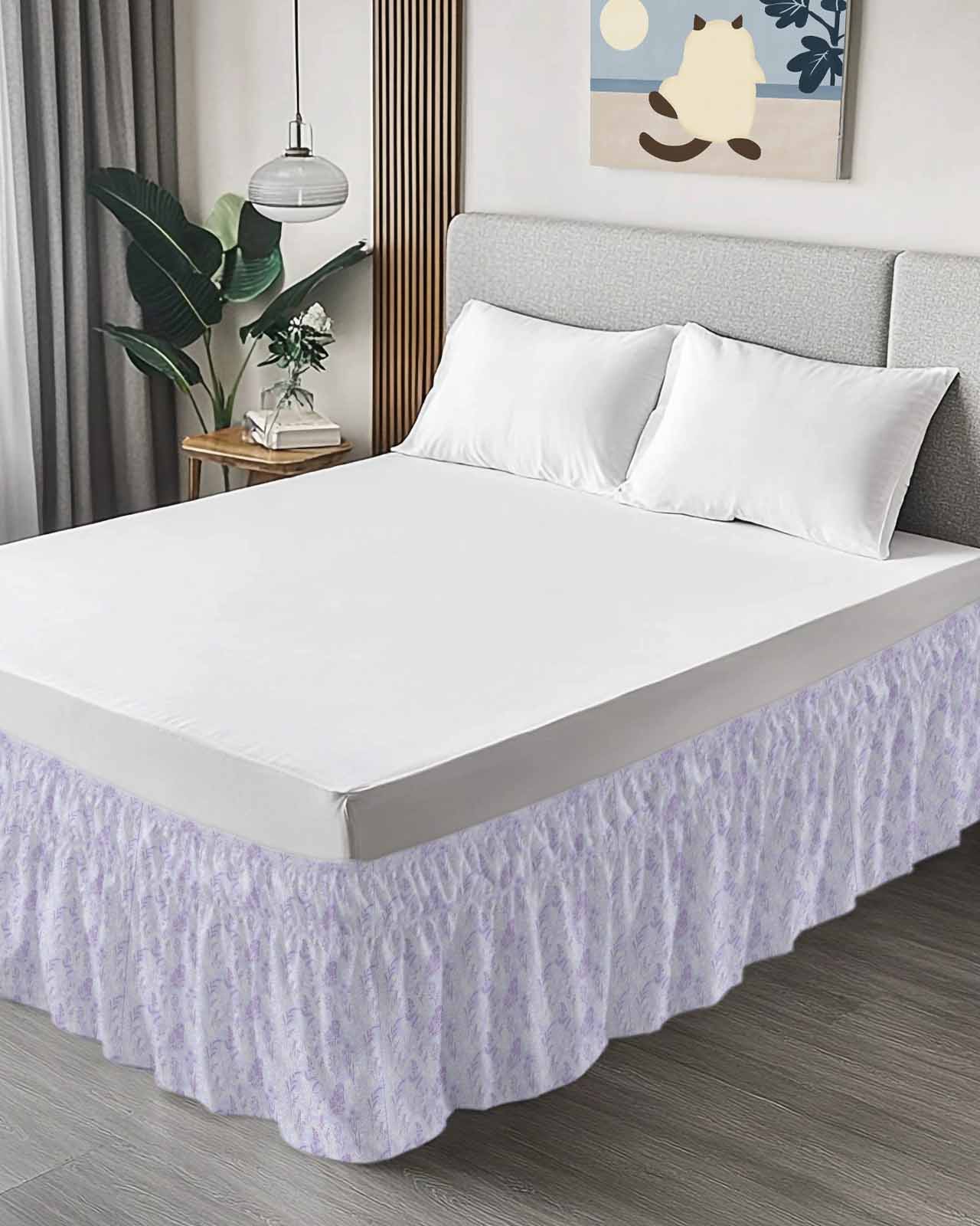 Light Purple Flowers Bed Skirt Queen Size 16 Inch Drop, Spring Lavender Floral Leaf Botanical Adjustable Elastic Dust Ruffles Bedskirt for Queen Bed Wrap Around Pleated Mattress Frame Cover