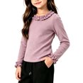 thumbnail image 2 of Girls Ruffle Neck Long Sleeve Shirts, Kids Soft Slim‑Fit Pullover Top, Solid Color Ruffle Cuffs Casual Blouse, 2 of 8