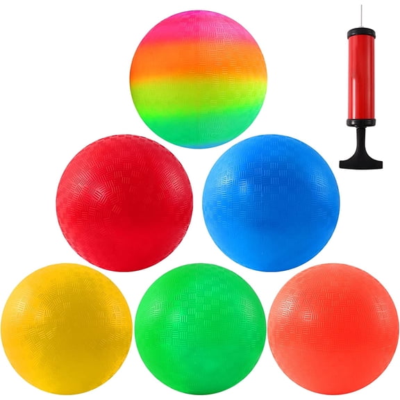 6 PCS Playground Balls, 8.5 Inch Inflatable Dodge Ball, Dodgeball Balls, Rubber Bouncy Dodge Ball with 1 Hand Pump for Indoor Outdoor Games Camps Schoolyard Picnic