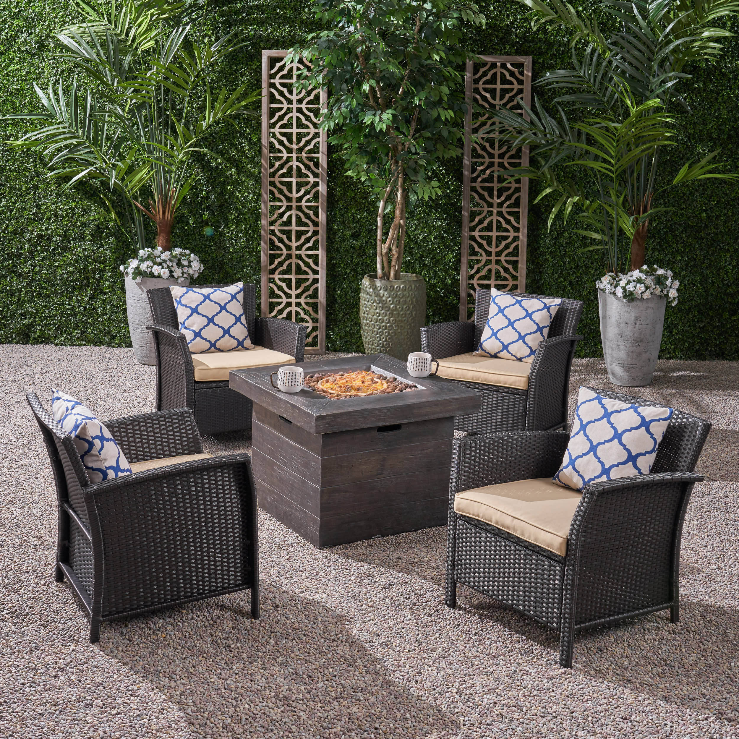 Anton Outdoor 5 Piece Wicker Chat Set with Cushions and Square Fire Pit, Brown, Tan, Brown - image 2 of 19