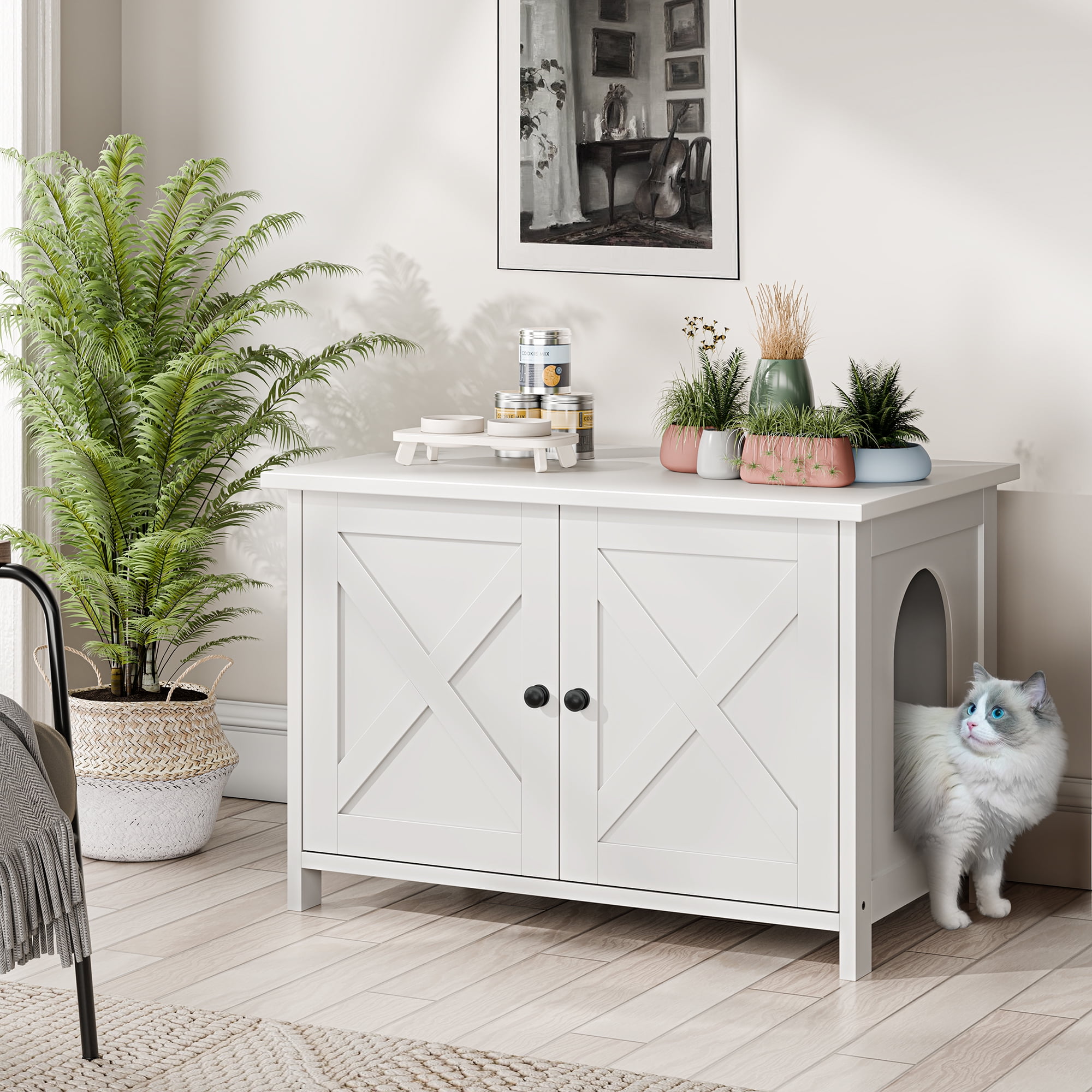 Walsunny Hidden Cat Litter Box Cat Washroom with Double Removable doors and Divider Indoor for Living Room White
