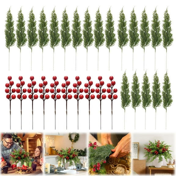 Christmas Artificial Red Berry Stems & Green Pine Branches, Realistic Needle Picks for DIY Xmas Decorations, Reusable Greenery Sprays for Wreaths, Garland & Indoor Holiday Décor
