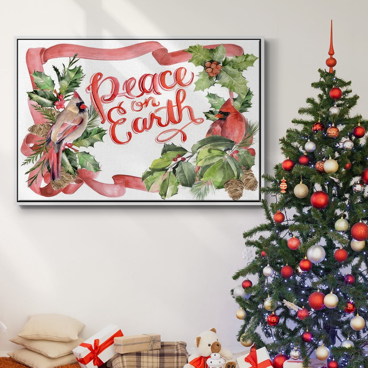Cardinal Holly Christmas Collection A - Framed Gallery Wrapped Holiday Canvas - 27 x 41 - White Frame