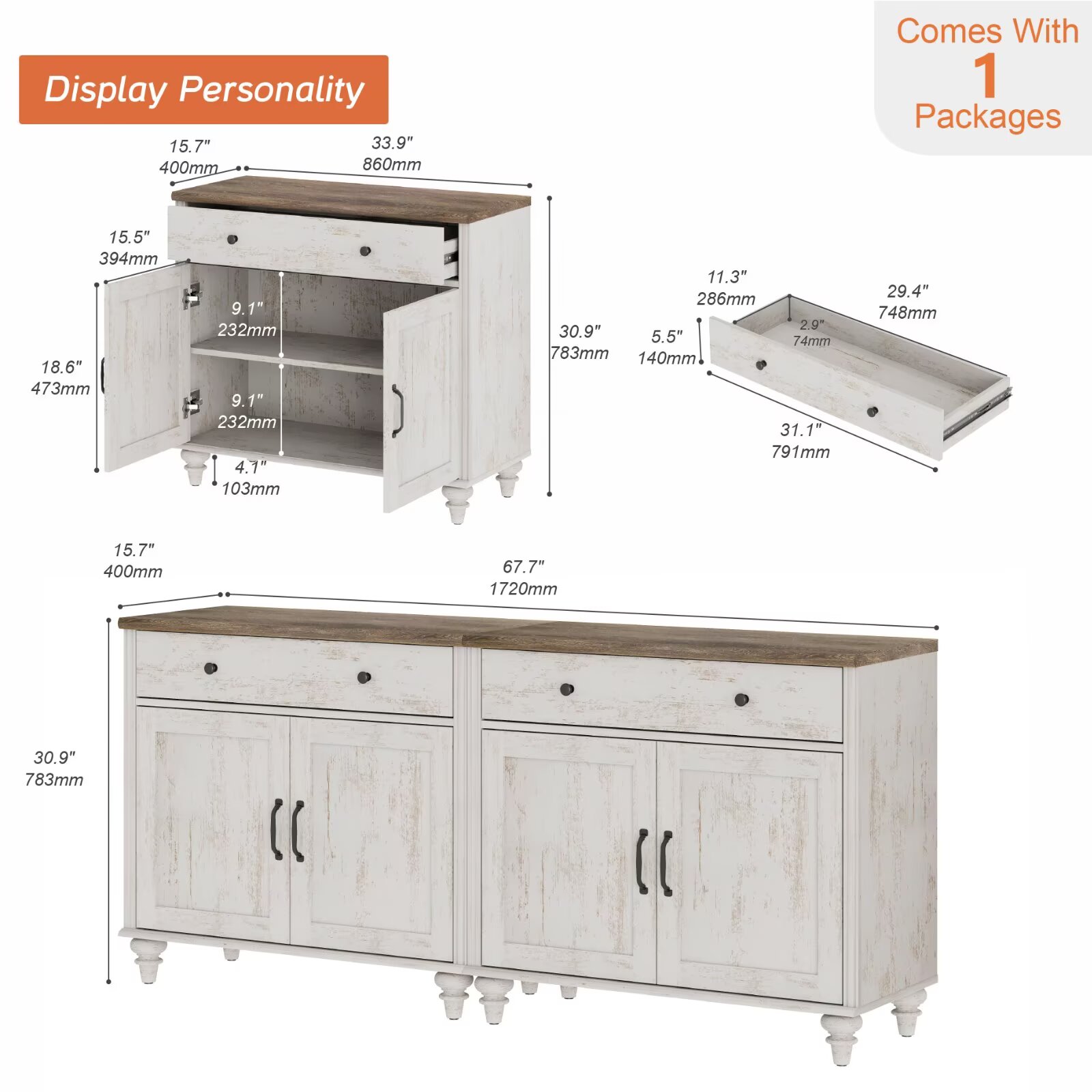 Rustic white Buffet Cabinet with with Storage Cabinets, Modern Farmhouse Kitchen Storage Cabinets 4 Doors and 2 Drawers, 68 inch