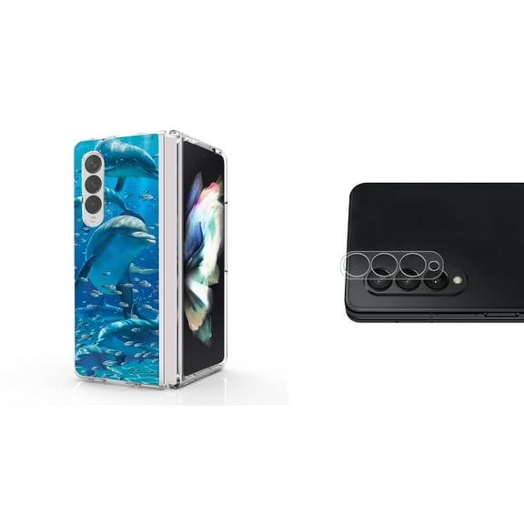 Accessory Bundle for Galaxy Z Fold 4: Slim Snap-On Case (Dolphins), Rear Camera Glass Protector