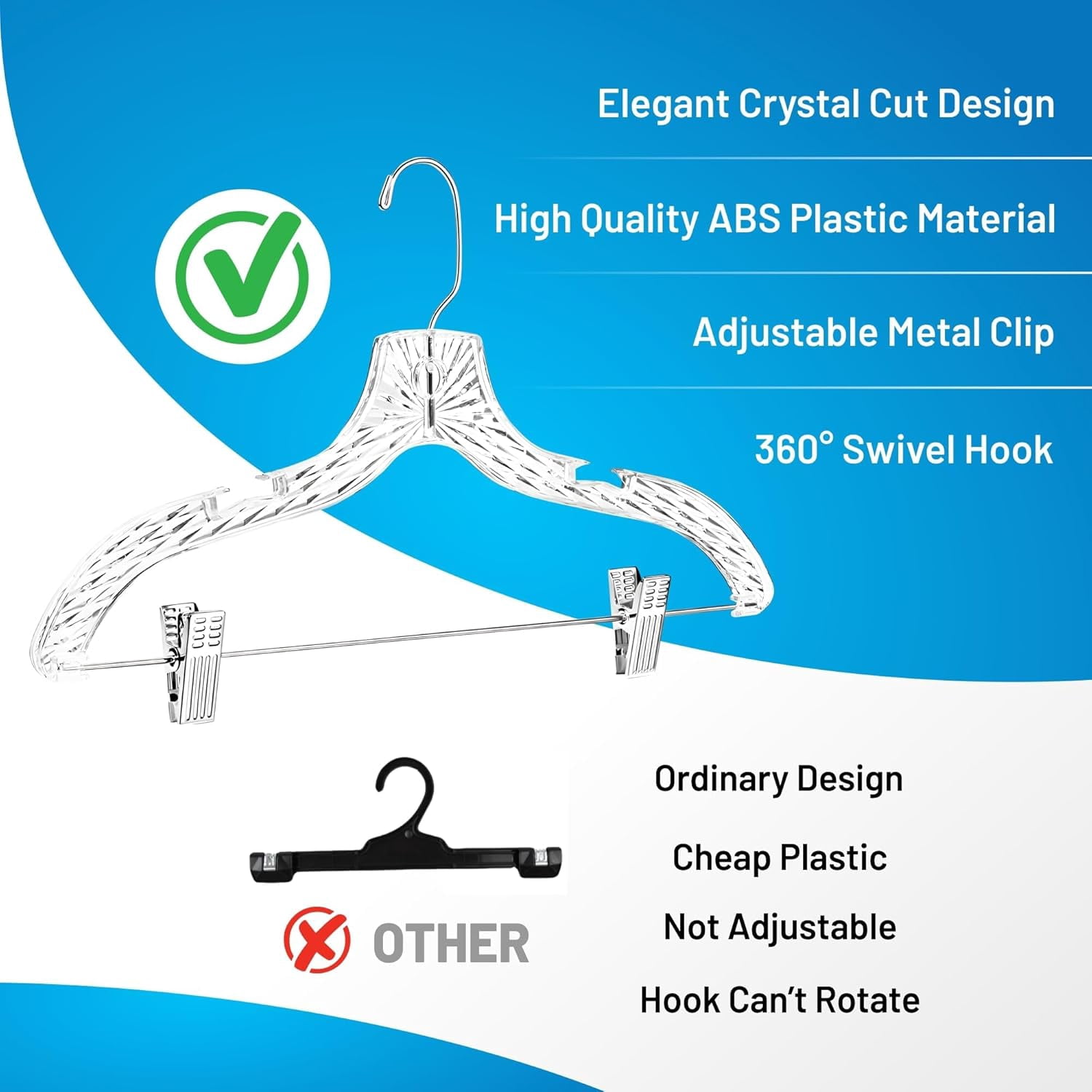 HARDW Clear Plastic Heavy Duty Clothes Hangers with Adjustable Clips - Crystal Clear Plastic Hanger, Durable Adult Hangers for Skirts, Pants, and More - Pack of 12