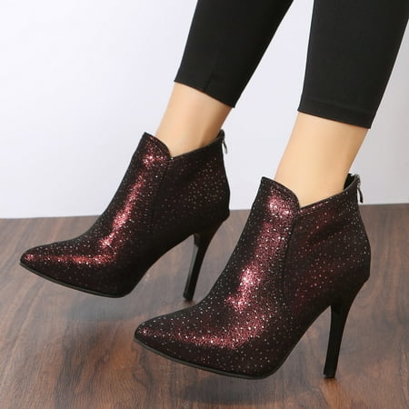 

Cathalem Flat Boots for Women Ladies Fashion Rhinestone Leather Top Pointed High Heel Shoes Back Zipper No Heel Boots for Women 6.5