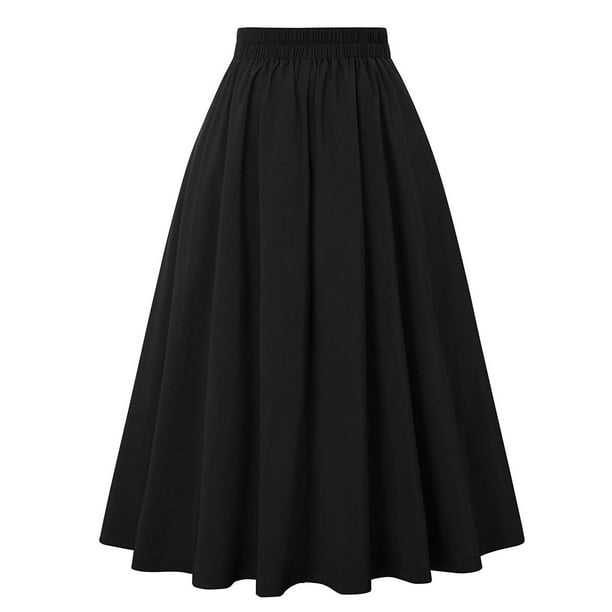PEZHADA Summer Vintage Pleated Skirt for Teen Girls Womens High Waist Solid  A-line Long Skirts Maxi Skirt with Pockets Black 