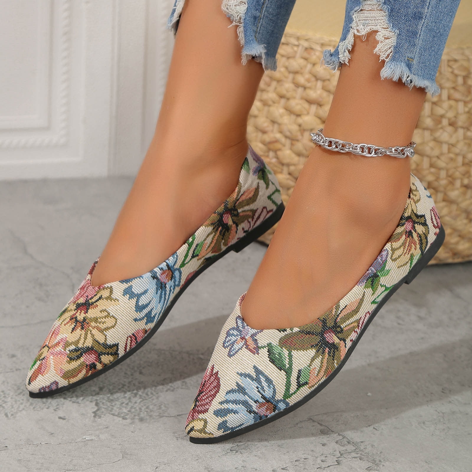 Adult Women Shoes Women s Casual Shoes Size 8 Ladies Colour Blocking Pointed Head Printing Shallow Mouth Flat Bottom Casual Comfortable Female