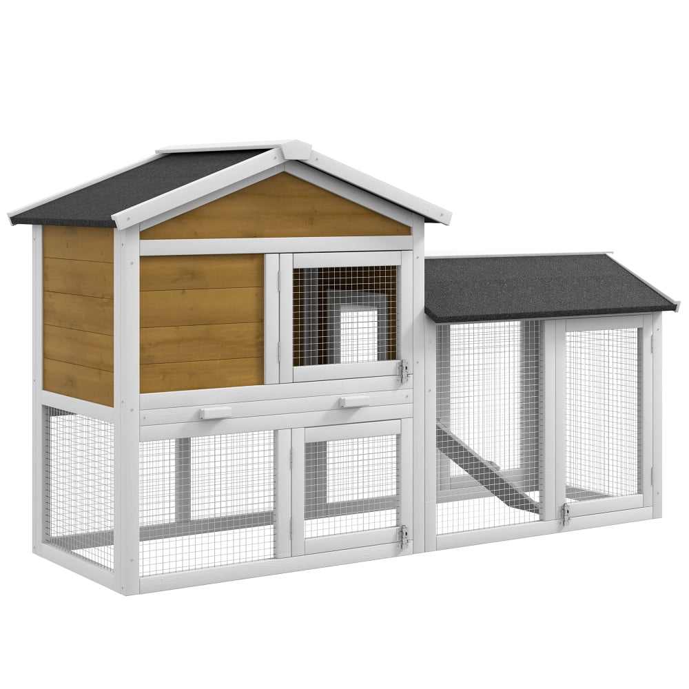AUU PawHut 58" Wooden Rabbit Hutch for Guinea Pigs, Small Animal Enclosure with Run Area, Removable Tray, Asphalt Roof, Lockable Doors & Ramp, Nature Wood Finish