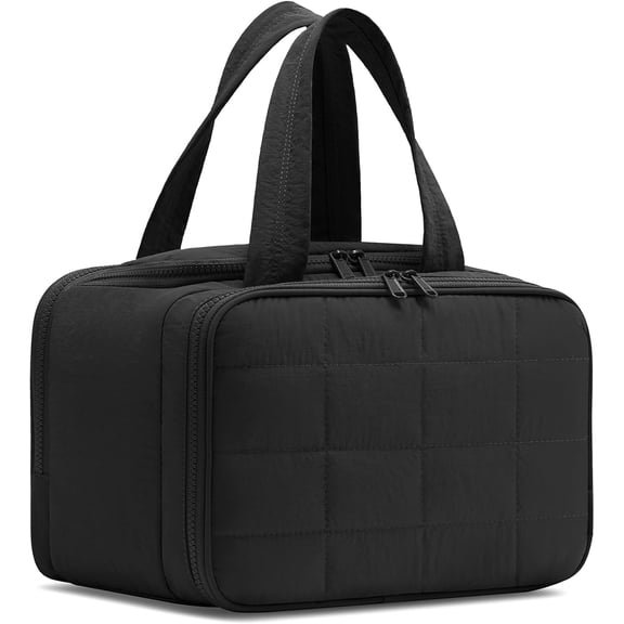 Travel Toiletry Bag, Puffy Wide-open Quilted Makeup Bag for Women,Lightweight Cosmetic Travel Bag Organizer with Handle for Traveling, Accessories, Essentials Toiletries Black