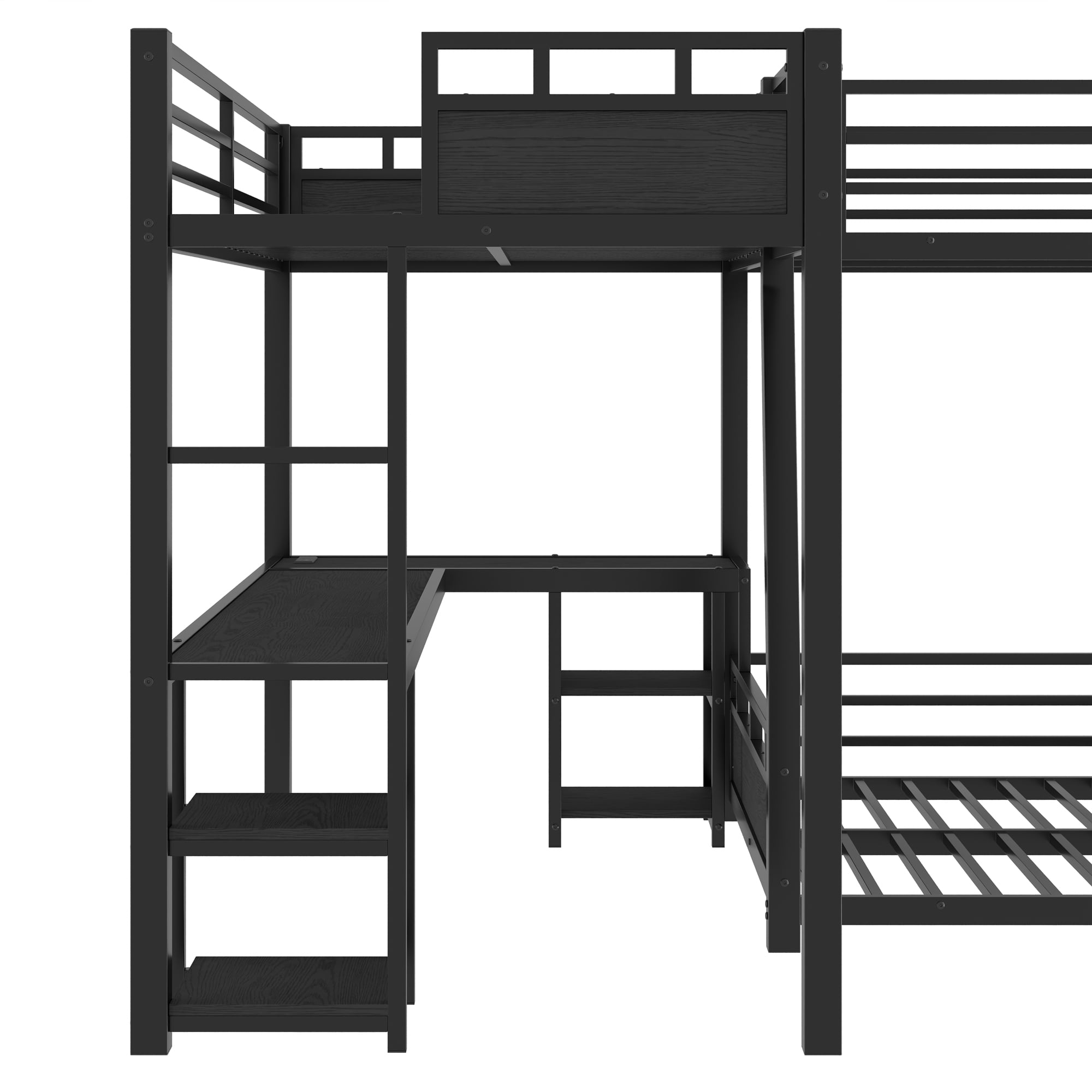 Leumius Full Over Queen Metal Triple Bunk Bed,L-Shaped Triple Bed Frame with Desk, Storage Shelves and USB Charging Port,Black