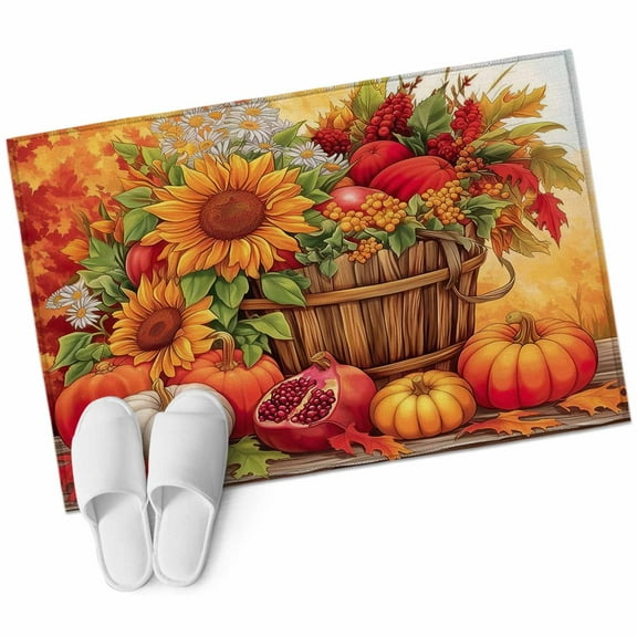 Orange Pumpkins Fall Bathroom Mat 2x3 FT, Non Slip Small Kitchen Mat, Thanksgiving Sunflower Botanical Washable Soft Backed Front Door Throw Rug Non-Shedding Indoor Outdoor Doormat for Entryway Sink