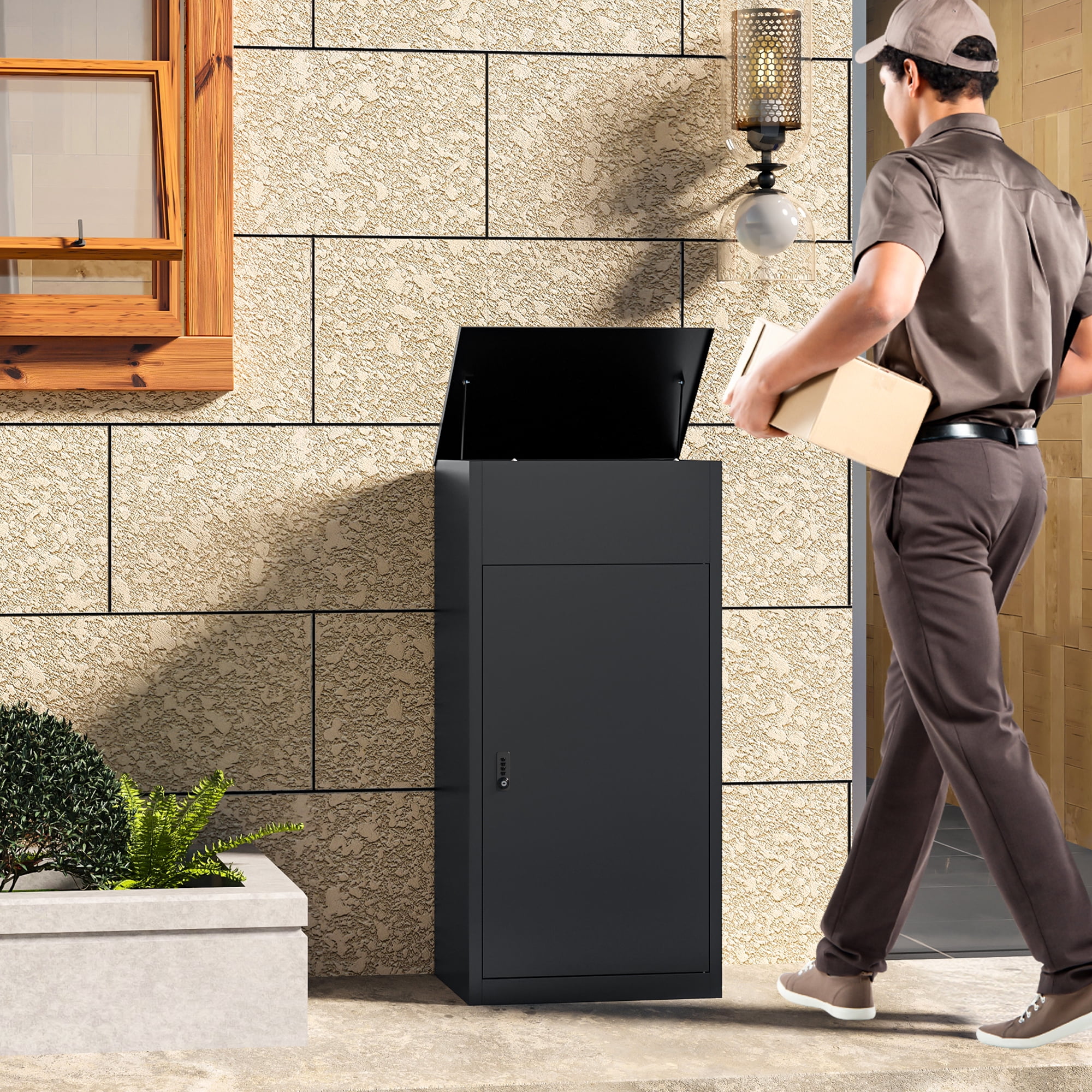 STANI Metal Package Delivery Boxes with Coded Lock, Anti-theft Baffle, Express Mail Package Drop Box for Porch, Curbside, Outdoor, Black, 41.3"H x 19.7"W x 16.1"D