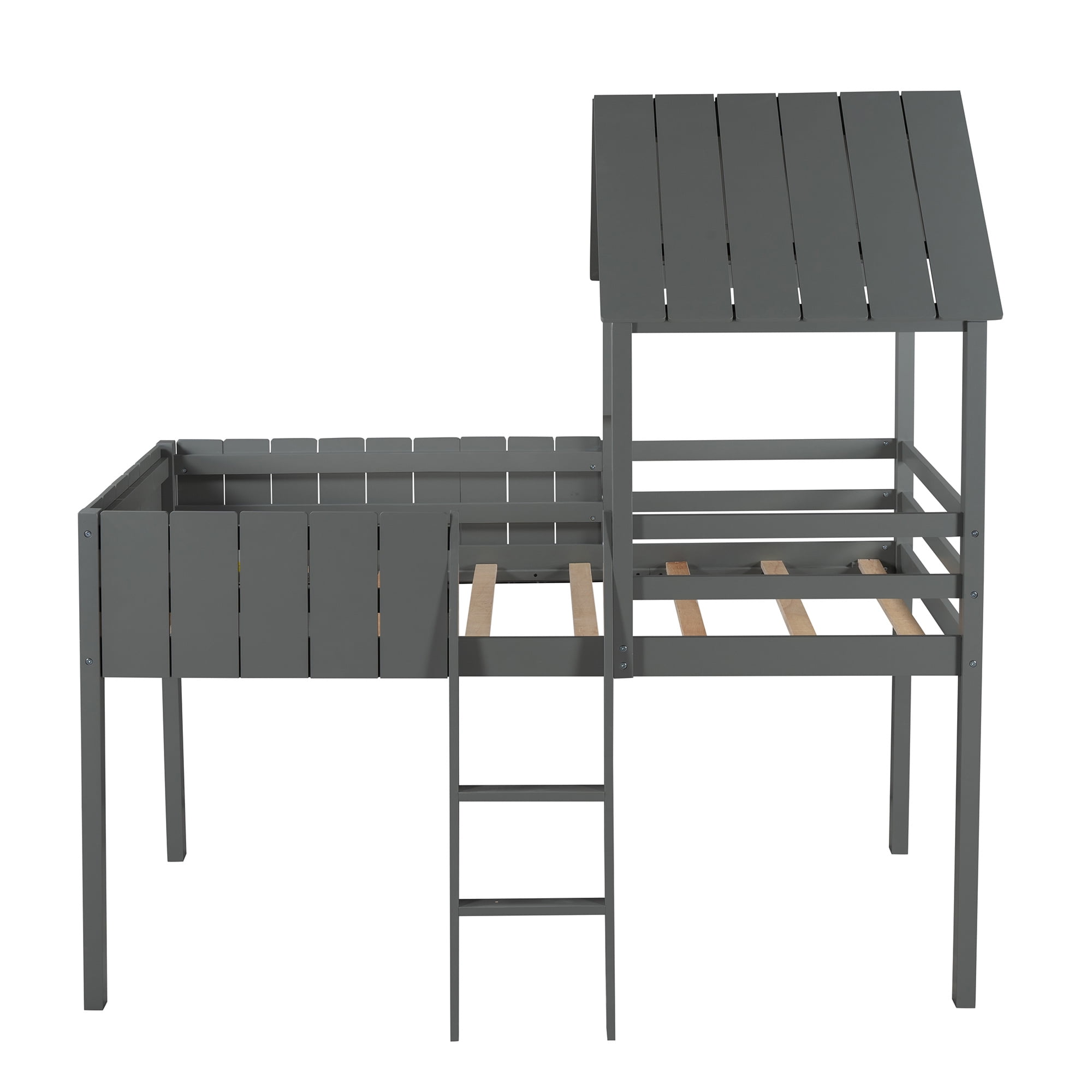 Modern Twin Size Loft Bed Wood Bed with Roof, Guardrail & Ladder, Toddler House Bed Bedroom Furniture, Space-Saving Wood Bed Frame, Under Bed Storage, No Box Spring Needed (Gray)