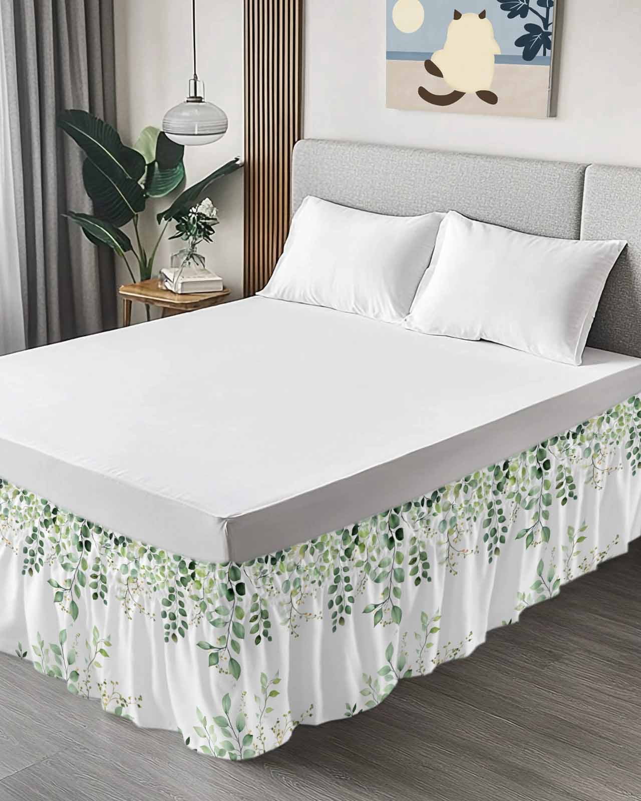 Eucalyptus Leaf Bed Skirt Country Green Plant Farmhouse Bed Skirts Queen Size 18 Inch Drop, Wrap Around Dust Ruffle&nbsp;Bedskirt with Adjustable Elastic Belt for Queen Size Beds