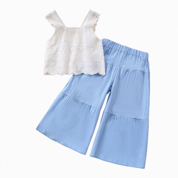newwalpole Kids Toddler Girls Summer Outfit 18 24 Months 2T 3T 4T 5T 6T Solid Color Sleeveless Lace Tank Tops and Elastic Casual Wide Leg Pants Summer Clothes Set Sky Blue for Size 2-3 Years