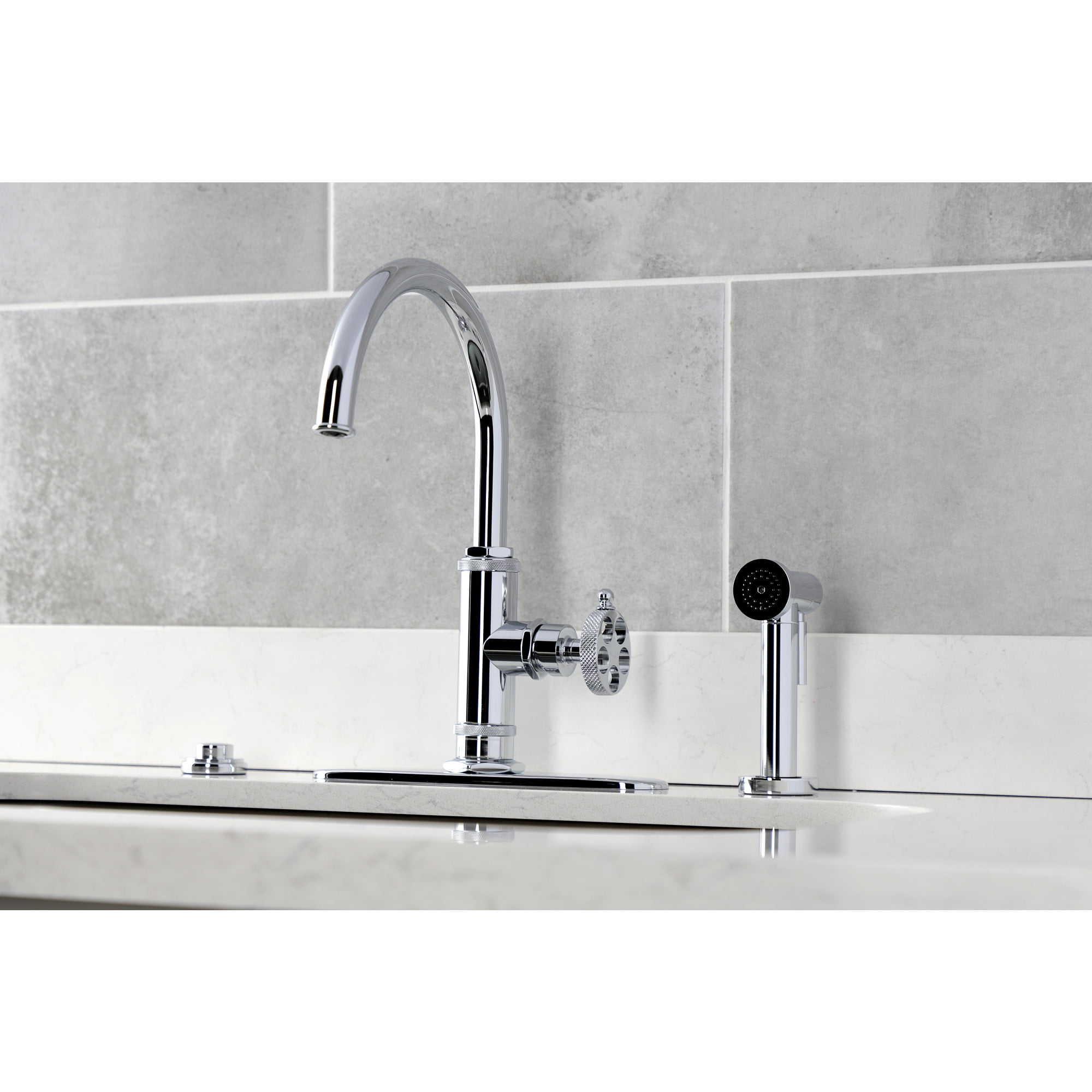 Kingston Brass KS2431RKX Webb Single-Handle Kitchen Faucet with Knurled Handle and Brass Side Sprayer, Polished Chrome