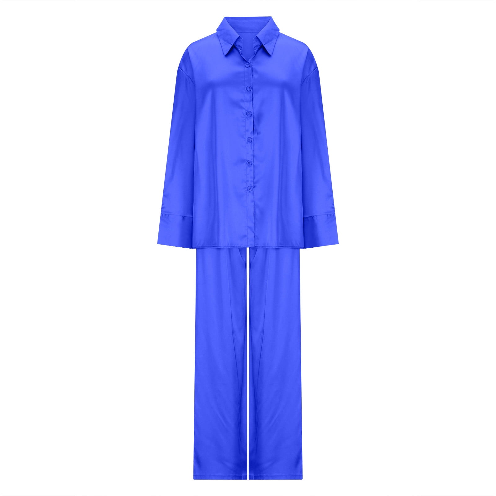 Womens Two Piece Silk Sets Plus Size S-5X Long Sleeve Button Up Shirts Wide Leg Pants Soft Pajama Outfits Casual Solid Loungewear Suits Set