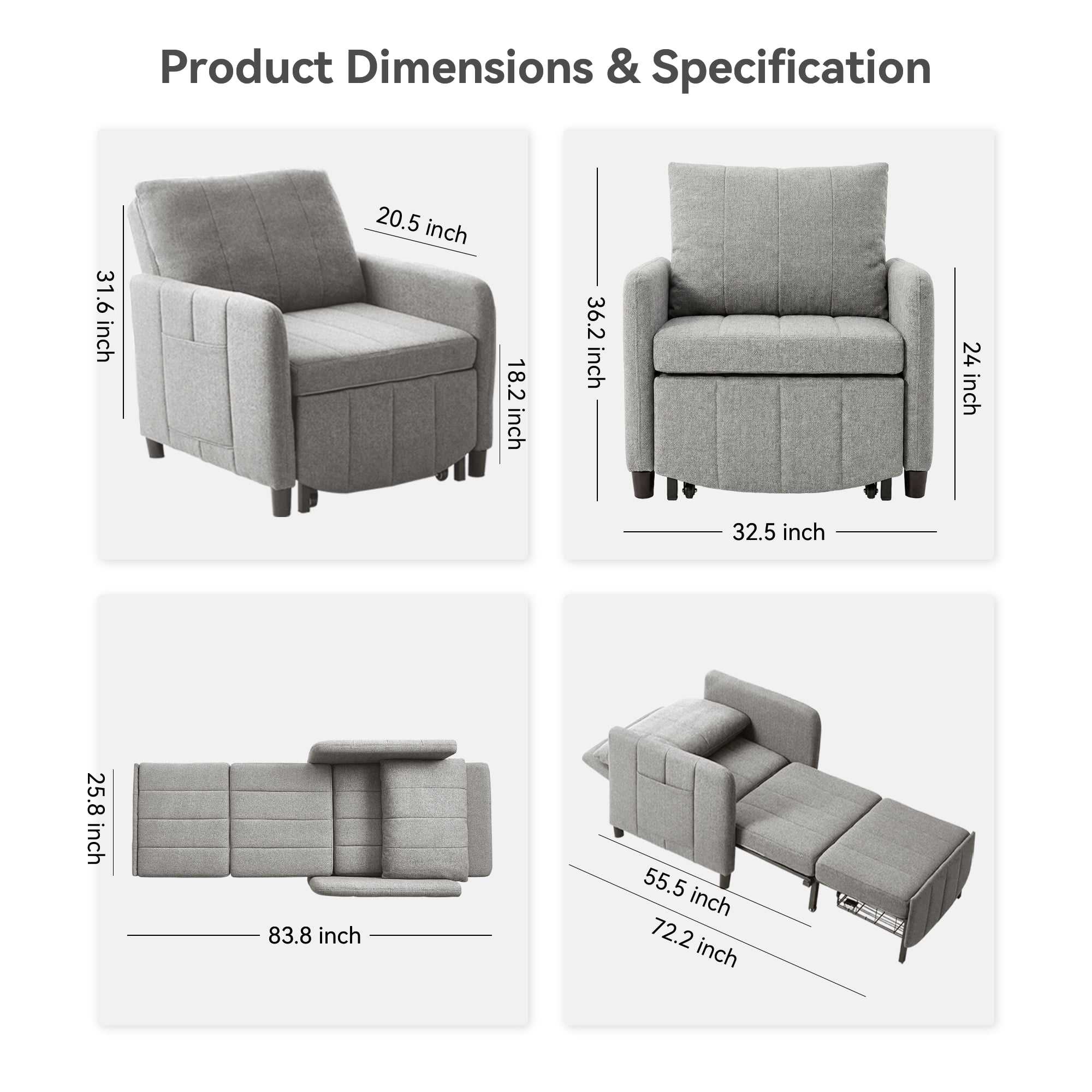 YIKEMA 4-in-1 Convertible Sleeper Chair Bed, 84 Inch Extra Long Pull Out Sofa for Tall Guests, Adjustable Backrest Lounge with Side Storage & Metal Frame, 500 lbs Capacity, Light Gray