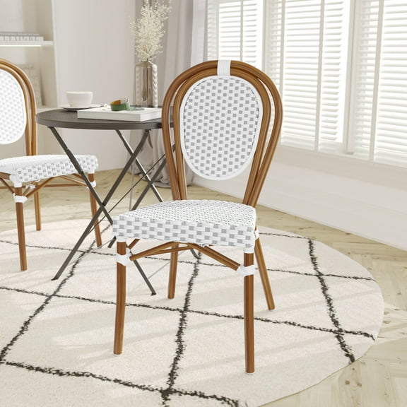 Emma Oliver Indoor/Outdoor Stacking Thonet Bistro Style Chair with White & Gray PE Rattan Seat and Natural Bamboo Finished Metal Frame