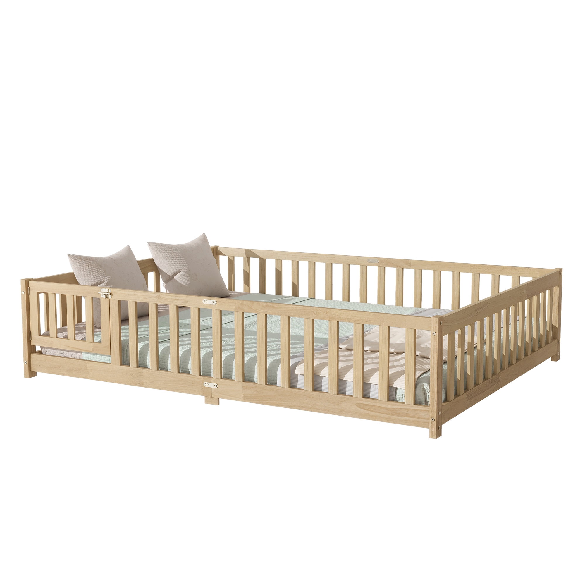 PAPROOS Queen Floor Bed Frame, Wood Floor Platform Bed with Fence and Door, No Box Spring Needed, Modern Queen Size Montessori Floor Bed for Little Girls Boys, Playhouse Bed Frame, Natural