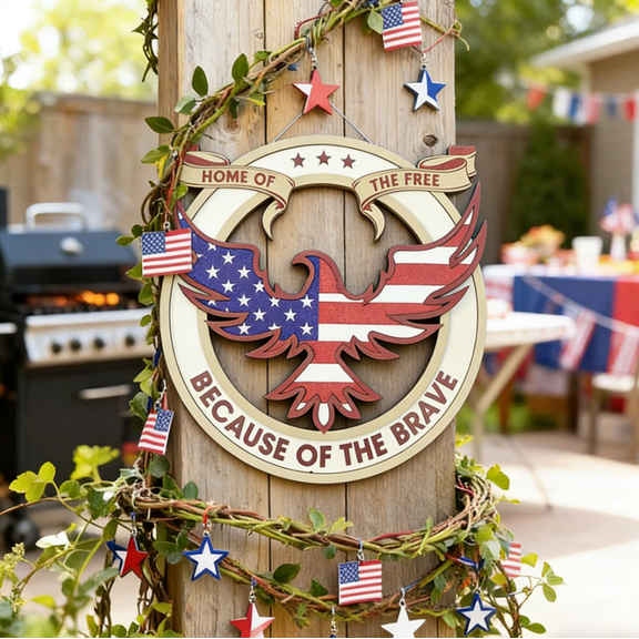 American Eagle Patriotic Wall Sign "Home of the Free Because of the Brave" Decor, USA Flag Eagle Art for Front Door, Military & Veteran Gift