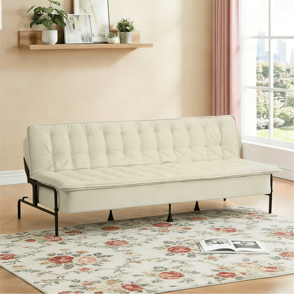 Gewnee 76 Inches Linen Futon Sofa Bed,Modern Convertible Futon Couch with 3 Adjustable Backrest Angles,Suitable for Apartment,Living Room,Small Space,Beige