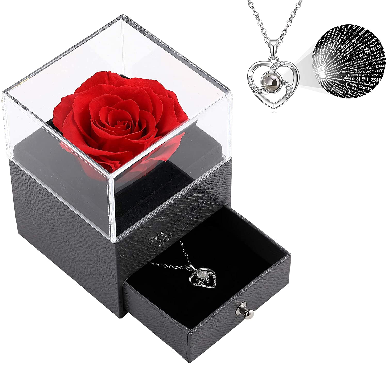 Handmade Real Rose for Valentines Day Wedding Anniversary Birthday Gifts for Her Preserved Rose with Love You 100 Languages Necklace Gift for Her