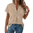 thumbnail image 2 of HOMBOM Short Sleeve T-Shirts for Women Cotton Linen Shirts Henley V Neck Khaki Summer Solid Lightweight Ladies Blouse, 2 of 7