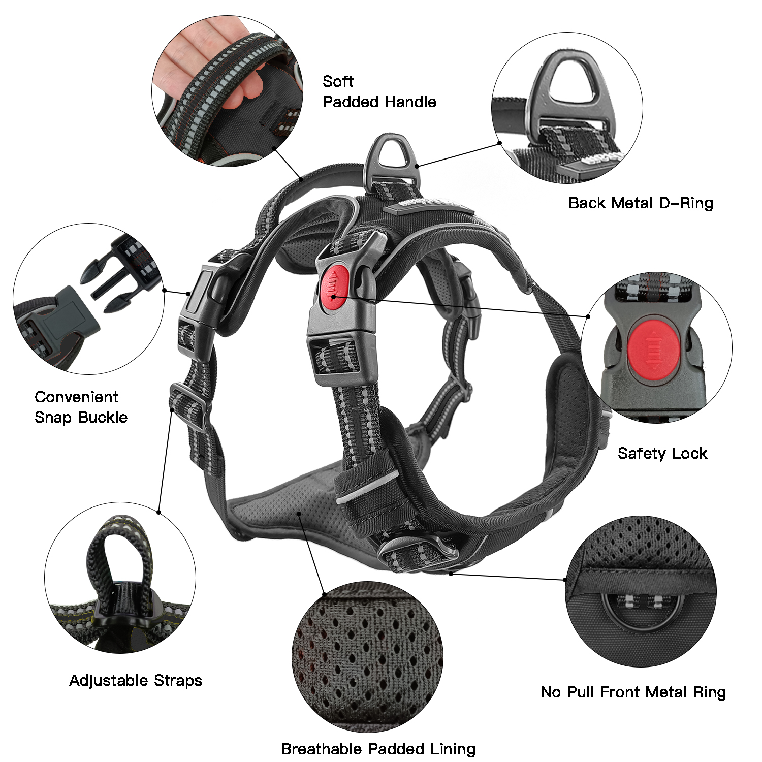 Astarin No-Pull Dog Harness with Handle, Large Black photo 2