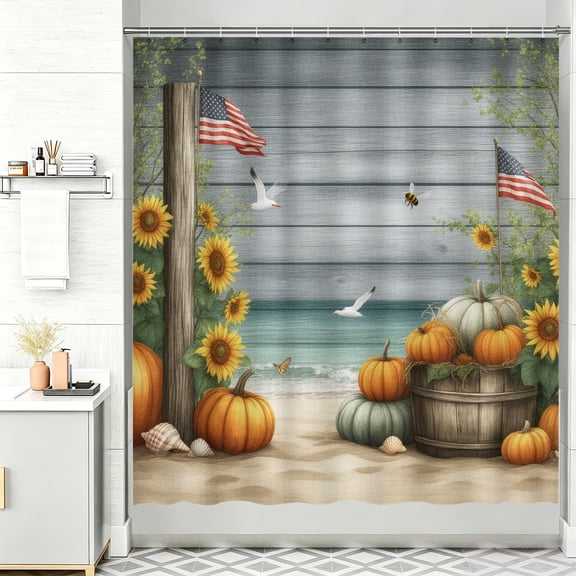 Autumn Shower Curtains A painting of pumpkins and sunflowers on the beach 72 Shower Curtain Chic Bathroom Decor