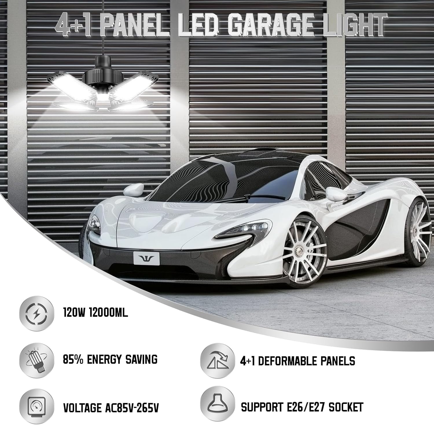 FEFEFW-Garage Lights 2 Pack 120W, 12000LM LED Garage Lights with 4+1 Deformable Panels 6500K Screw in LED Shop Lighting for Workshop, Basement Support E26/E27