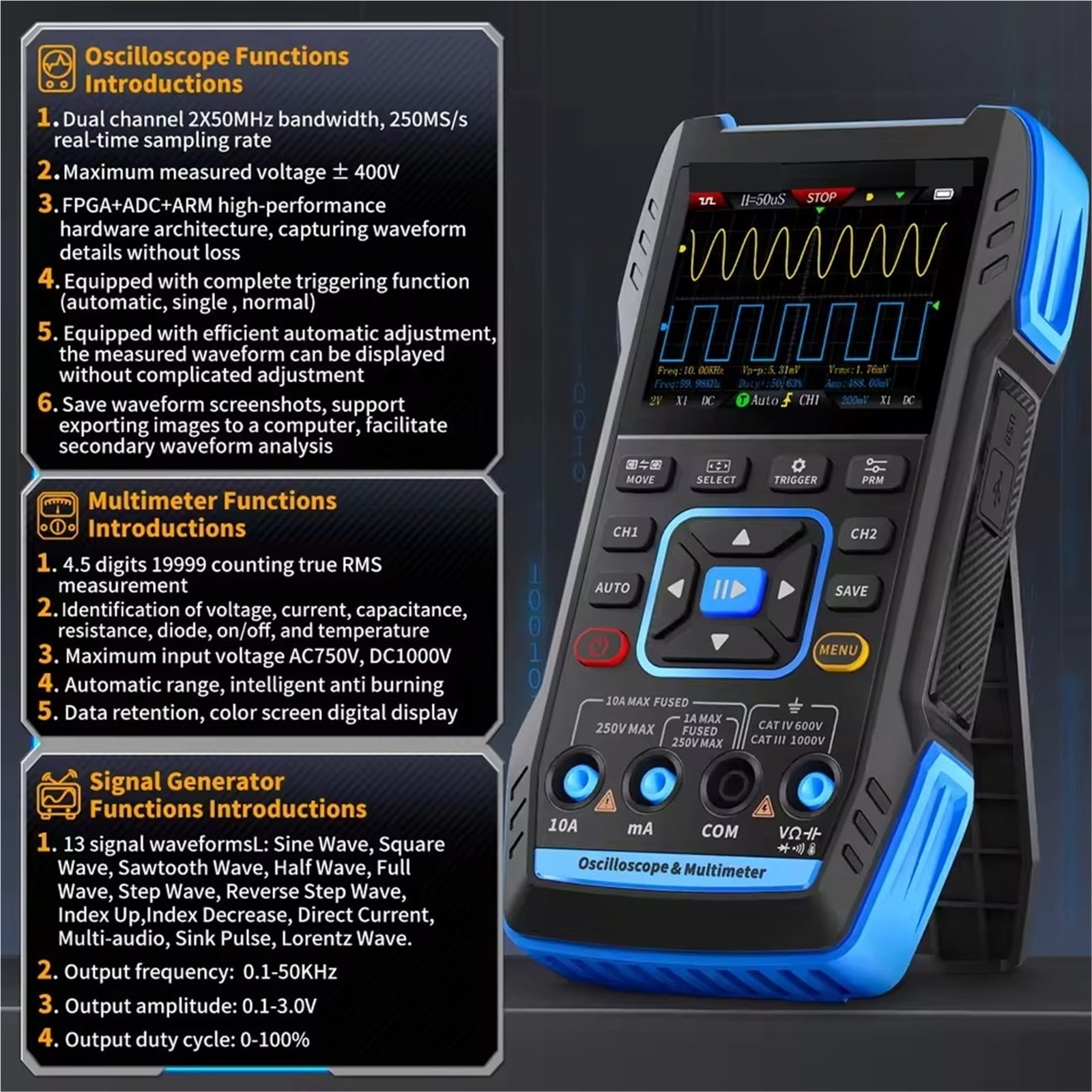 Handheld Oscilloscope Multimeter DDS Generator,10MHz,50MSa/s,10000 Counts,Voltage,Current,Capacitor,Resistor,Diode Test ,Battery Test