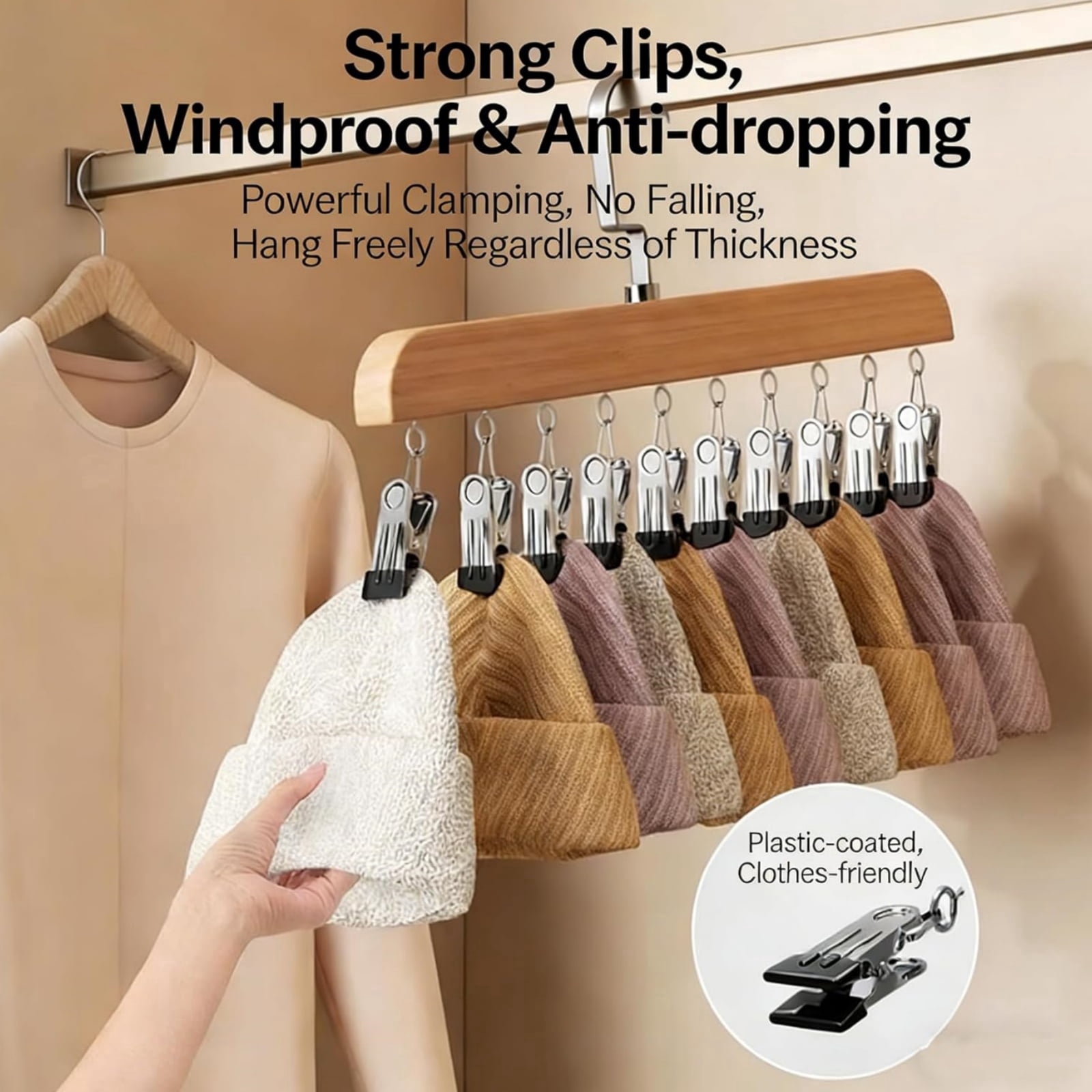 Closet Organizer with 10 Clips, Wooden Hanging Pants and Legging Hanger, 360° Rotating Hook Space Saving Closet Storage for Jeans Scarves Socks