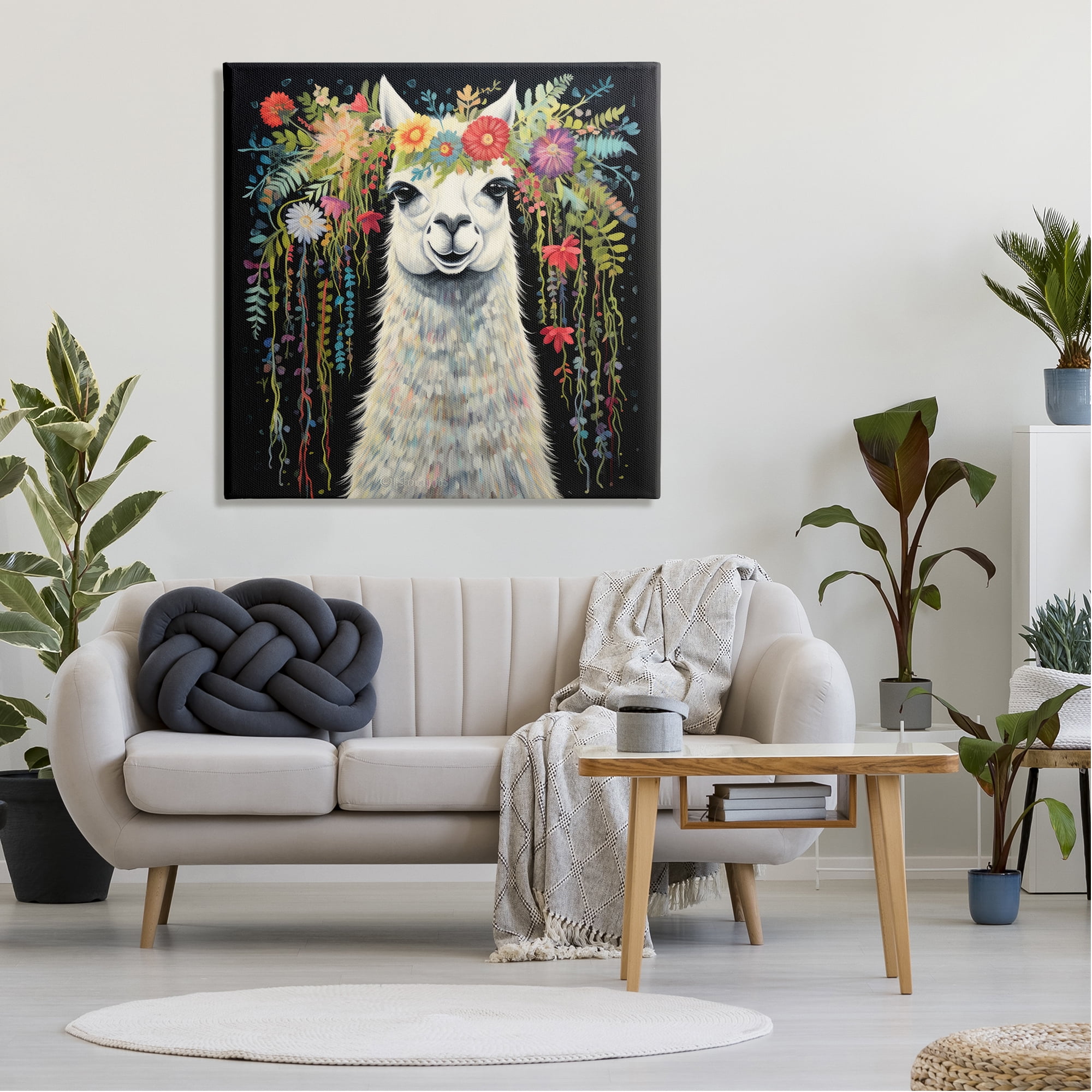Stupell Industries Floral Llama on Black Animals & Insects Painting Gallery Wrapped Canvas Art Print Wall Art, 36 x 36