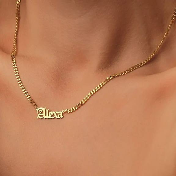 Personalized Old English 14K Yellow Gold Necklace For Women Custom Name Letter Pendant Cuba Chain Men Collar Vintage Jewelry