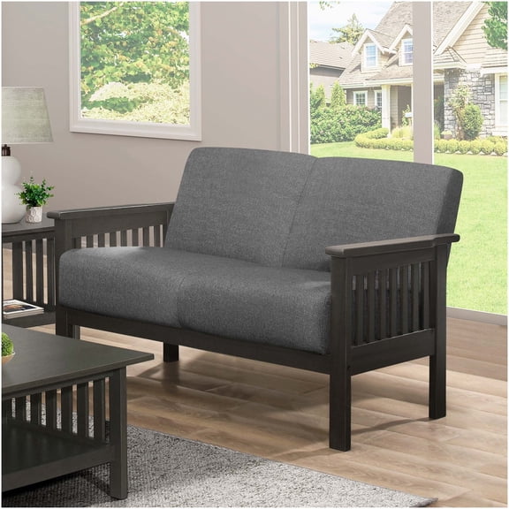 Transitional Gray Loveseat with Solid Wood Arms and Linen-Like Fabric