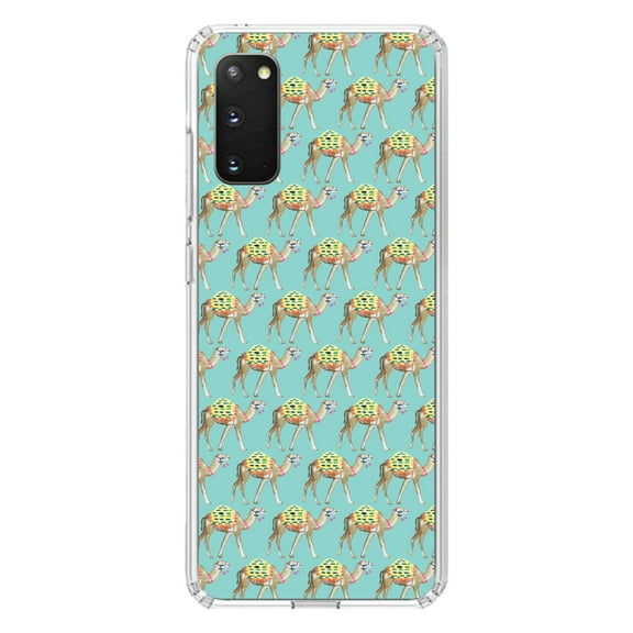 DistinctInk Clear Shockproof Hybrid Case for Galaxy S20 PLUS / 5G (6.7" Screen) - TPU Bumper, Acrylic Back, Tempered Glass Screen Protector - Preppy Pattern - Camels on Teal Background