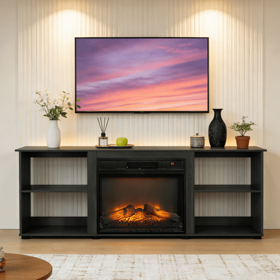 Ktaxon Fireplace TV Stand for 55/60/65" TVs, Modern Entertainment Center with 4 Storage Shelves and 18" Eletric Heater, Black