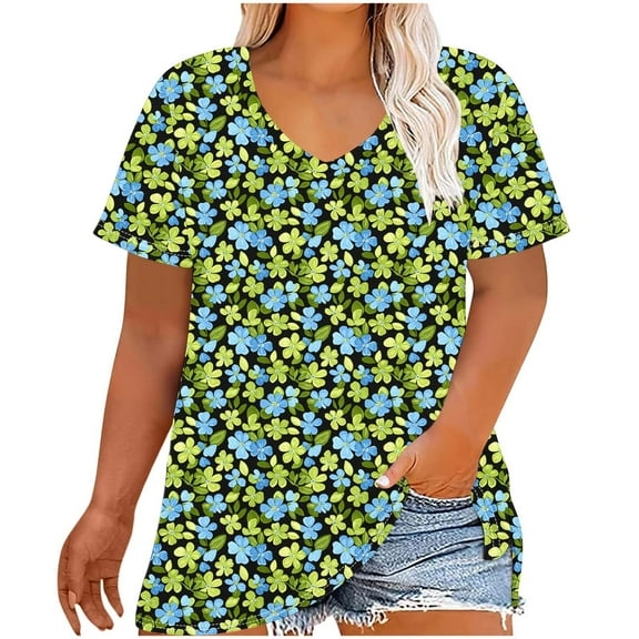 Womens Vneck Pullover Top Casual Short Sleeve Shirts Loose Vintage Floral Outfits 2025 Summer