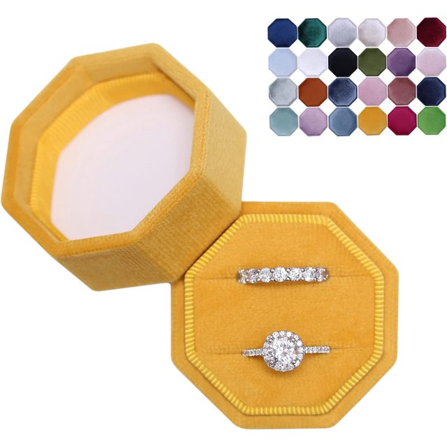 LAICAIW Velvet 2 Slots Jewelry Ring Box Engagement Wedding Box Keepsake Box Bridal Photo Ring Double Slots Octagon (Primrose Yellow)